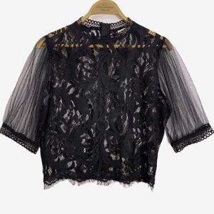 Peach Puffy Sleeve Sheer Allover Lace Cropped Blouse Top